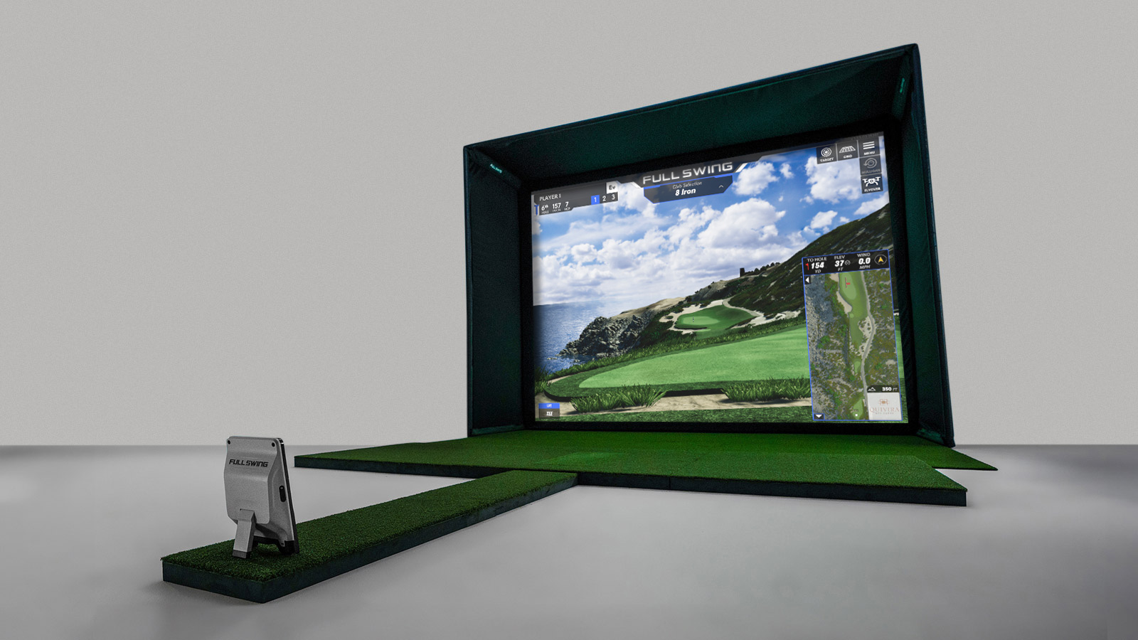 Full Swing KIT Studio golf simulator enclosure with impact screen, turf landing pad and KIT launch monitor